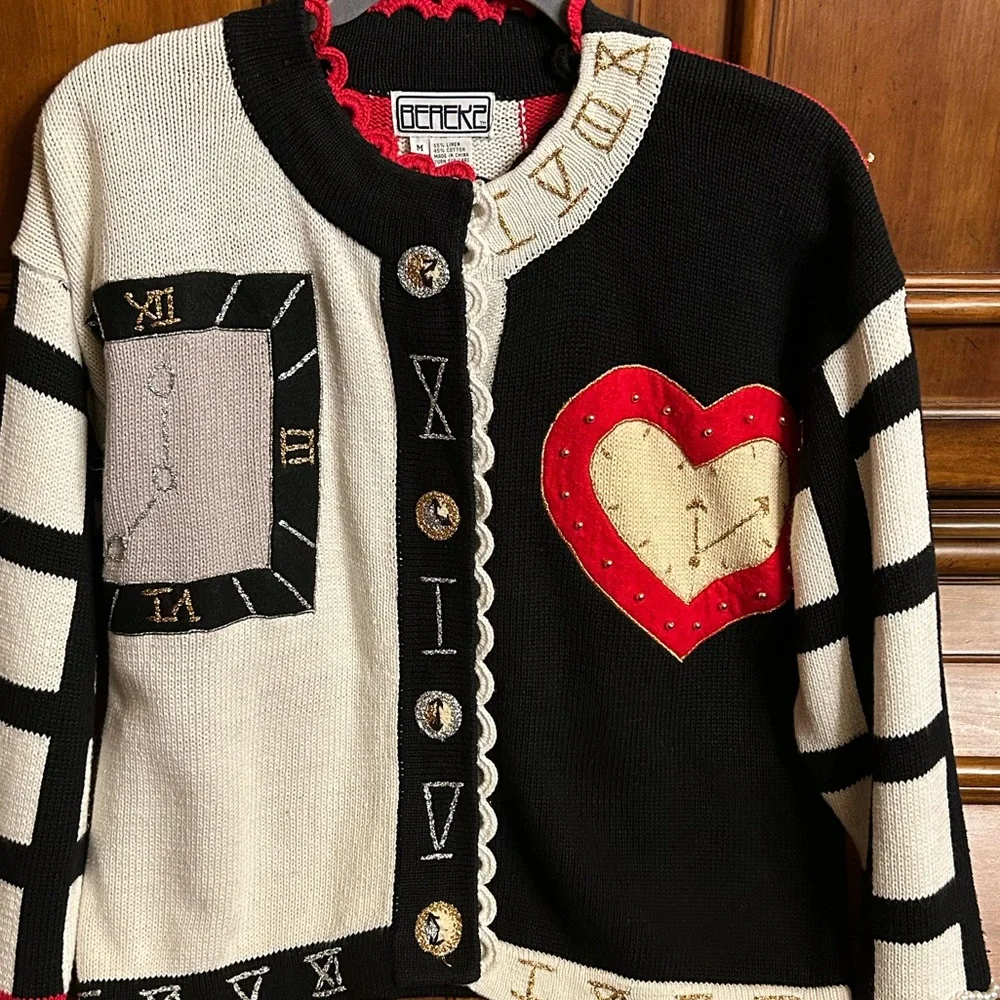 NWT Berek Embroidered & Embellished Vintage Clock/Heart Cardigan/Sweater Size M - Picture 4 of 13